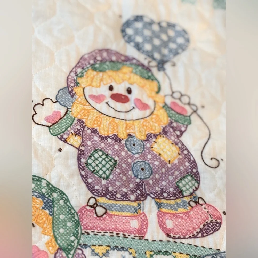 Vintage Clown Cross Stitched Baby Quilt. Blanket| Sweet Dreams |Pastel 39.5x28.5